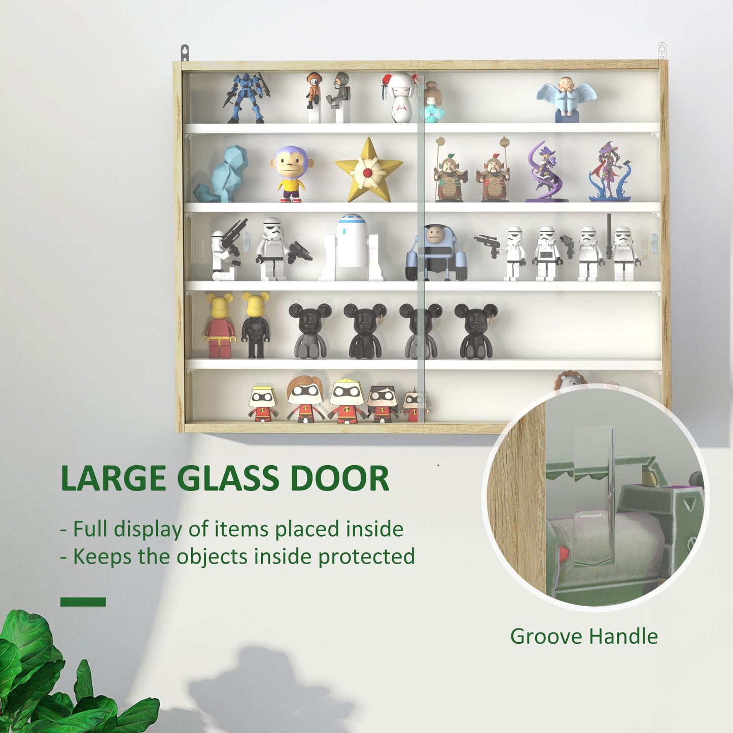 5-Tier Wall Display Shelf Unit Cabinet w/ 4 Adjustable Shelves Glass Doors Home Office Ornaments 60x80cm Natural-4