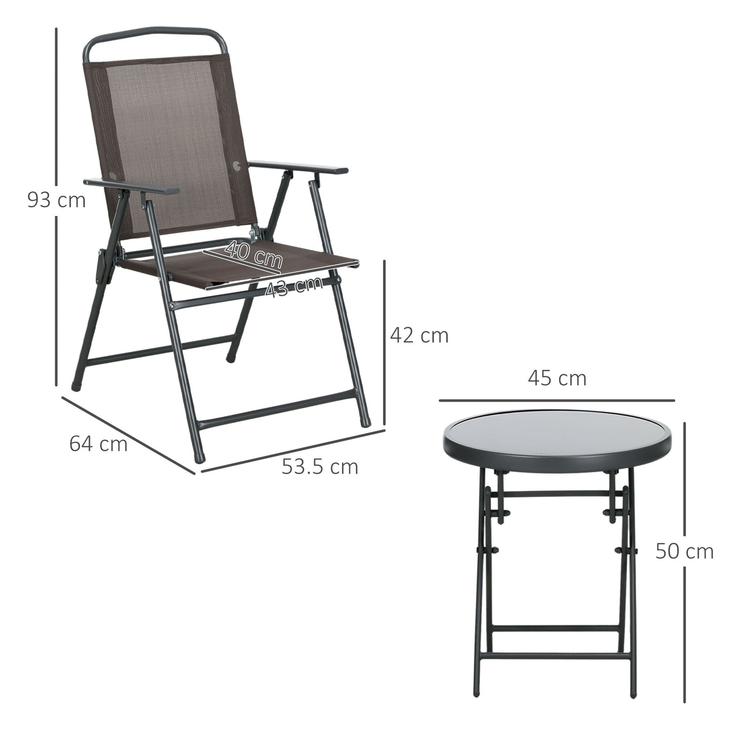 3 Pcs Garden Table and Chairs, Outdoor Bistro Set, Patio Conversation Furniture Set w/ Foldable Armchairs & Glass Top Coffee Table, Brown-2