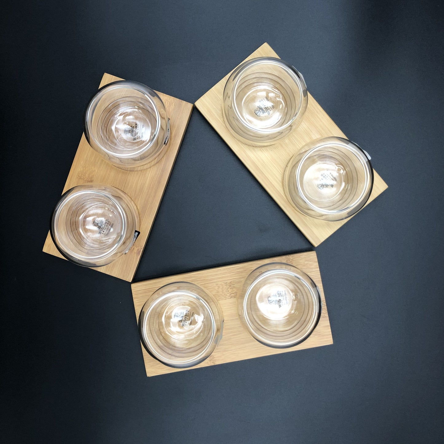A Set Of 3 Bamboo Double Trays With 6 Matching Thermo Bowls