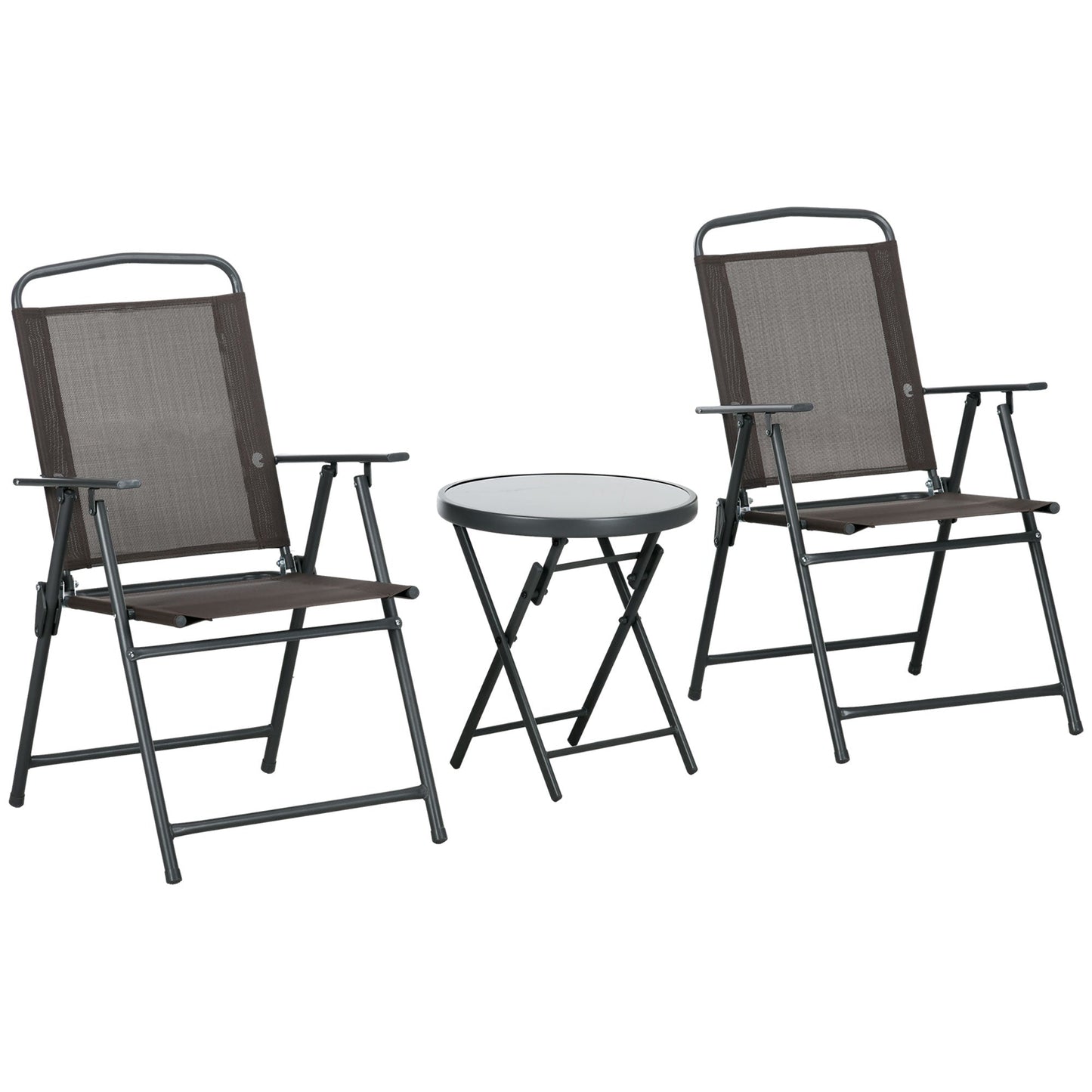 3 Pcs Garden Table and Chairs, Outdoor Bistro Set, Patio Conversation Furniture Set w/ Foldable Armchairs & Glass Top Coffee Table, Brown-0