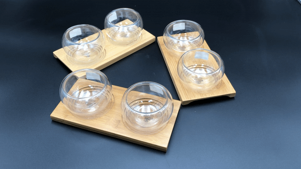 A Set Of 3 Bamboo Double Trays With 6 Matching Thermo Bowls