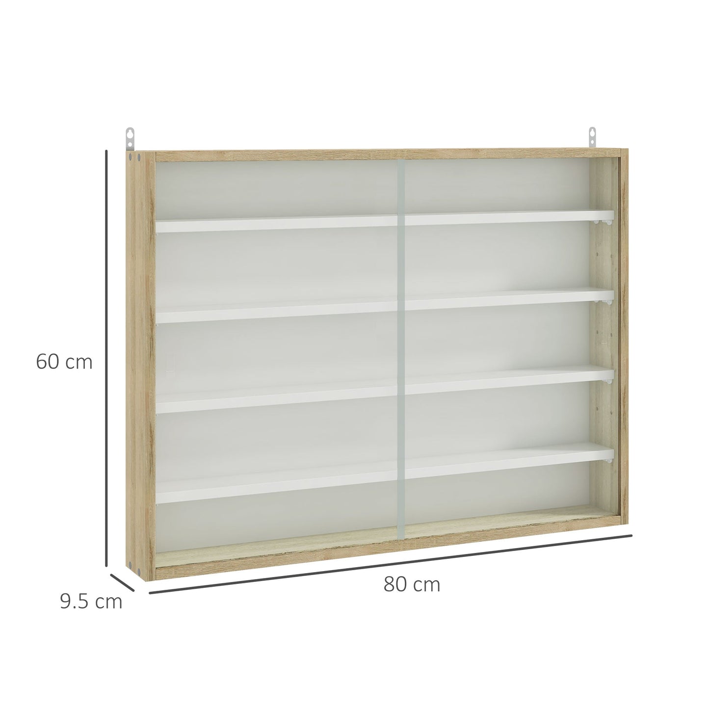 5-Tier Wall Display Shelf Unit Cabinet w/ 4 Adjustable Shelves Glass Doors Home Office Ornaments 60x80cm Natural-2