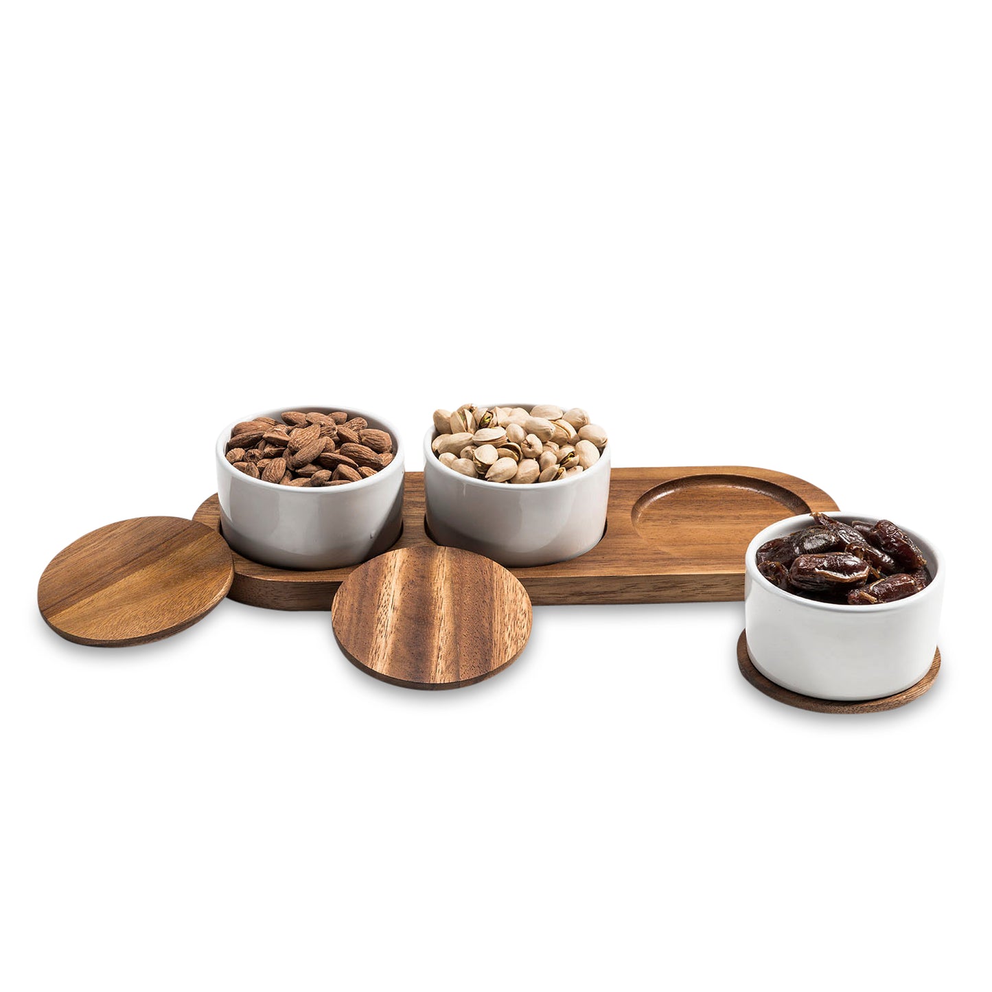Condiment Serving Set - 3 Ceramic Bowls with Lids