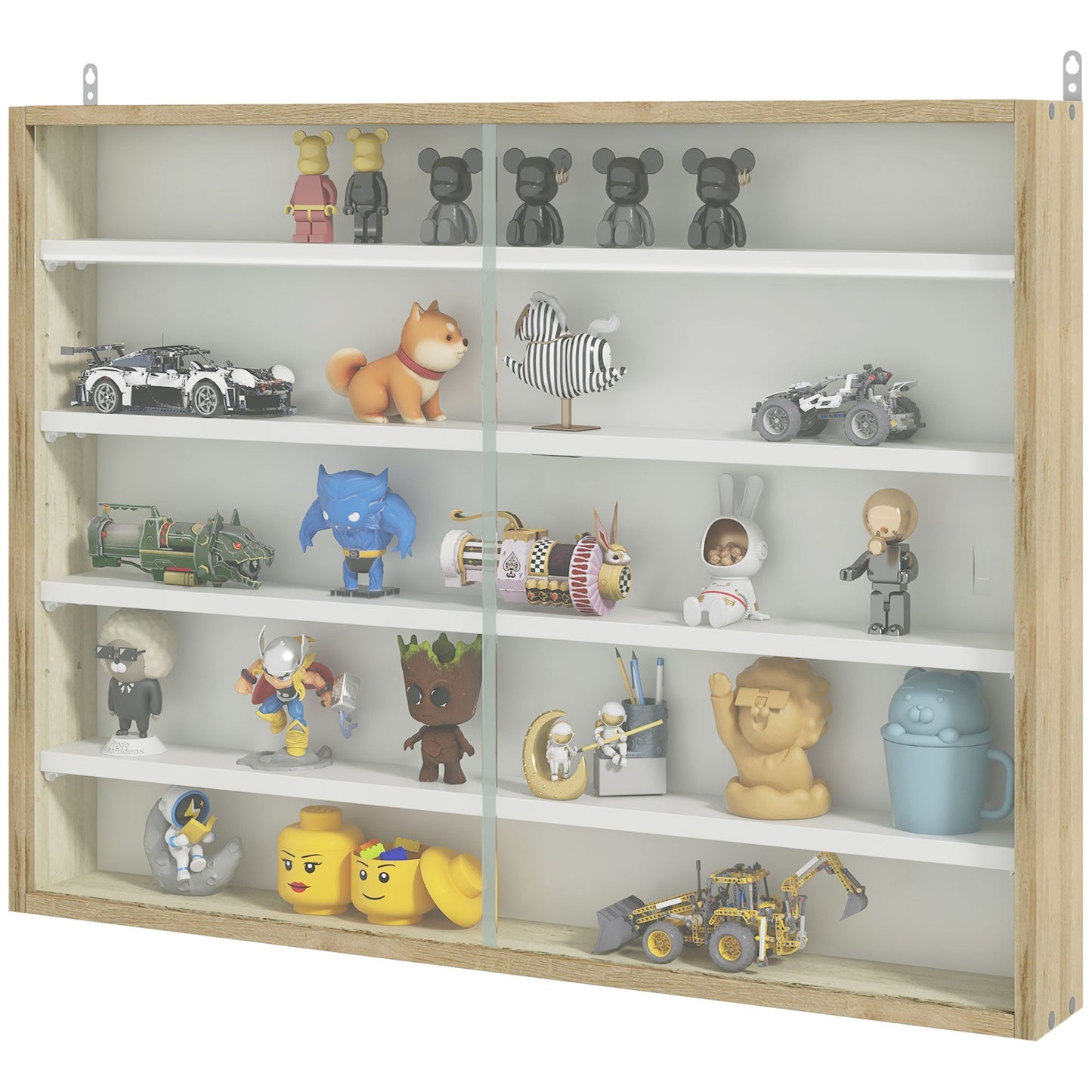 5-Tier Wall Display Shelf Unit Cabinet w/ 4 Adjustable Shelves Glass Doors Home Office Ornaments 60x80cm Natural-0