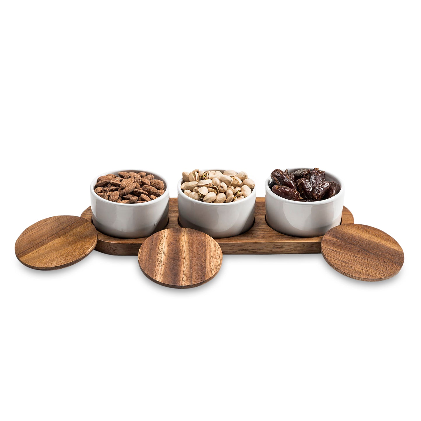 Condiment Serving Set - 3 Ceramic Bowls with Lids