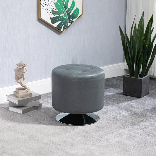 360° Swivel Foot Stool Round PU Ottoman with Thick Sponge Padding and Solid Steel Base, Grey-1