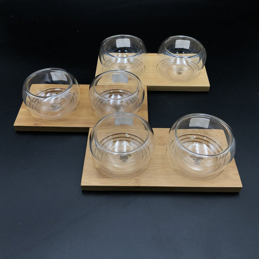 A Set Of 3 Bamboo Double Trays With 6 Matching Thermo Bowls