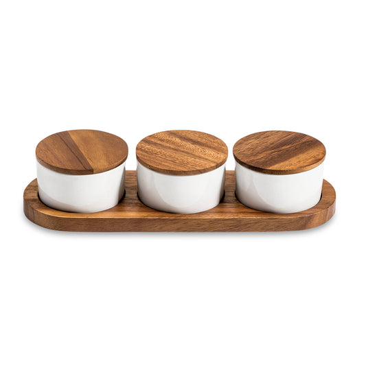 Condiment Serving Set - 3 Ceramic Bowls with Lids