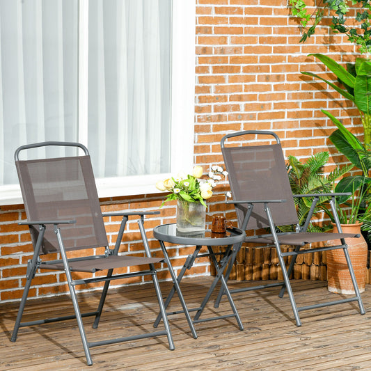 3 Pcs Garden Table and Chairs, Outdoor Bistro Set, Patio Conversation Furniture Set w/ Foldable Armchairs & Glass Top Coffee Table, Brown-1